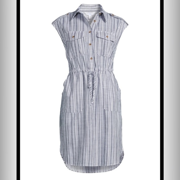 Monteau LA 100% Rayon Shirt Dress Midi Length Blue White Stripe Sz  XS - Picture 1 of 6